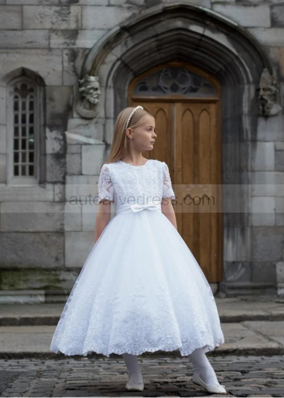 Beaded Short Sleeves White Lace Tulle Tea Length Flower Girl Dress